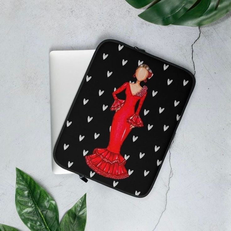 Flamenco Dancer Customizable Laptop Sleeve, red dress and white hearts design. - IllustrArte