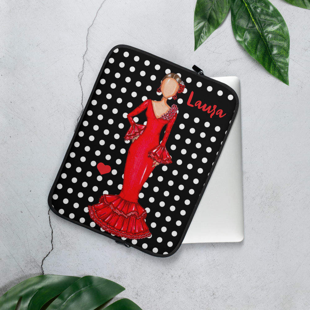 Flamenco Dancer Customizable Laptop Sleeve, red dress and a red heart on a black polka dot design. - IllustrArte