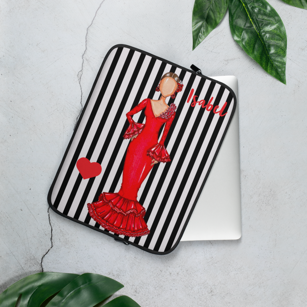 Flamenco Dancer Customizable Laptop Sleeve, red dress and red hearts on a black and white stripe design. - IllustrArte