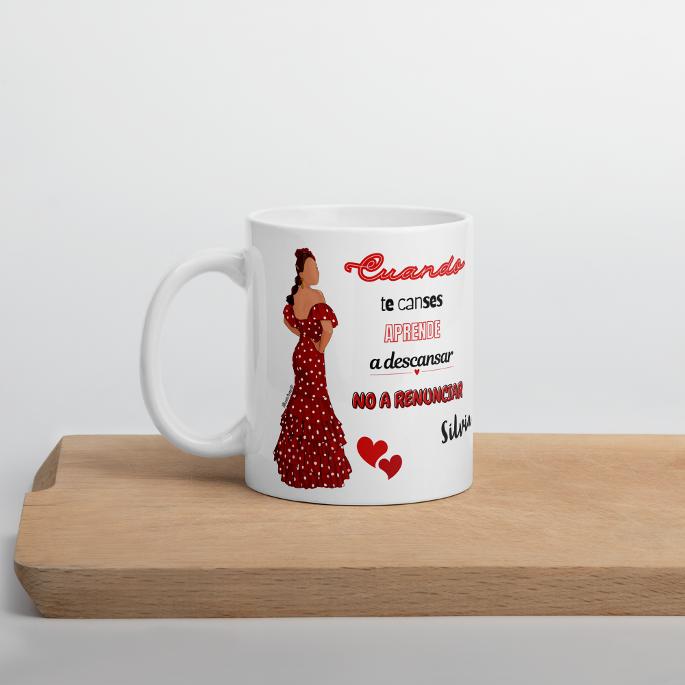 Taza de cerámica personalizable, Modelo flamenca Silvia con frase positiva.