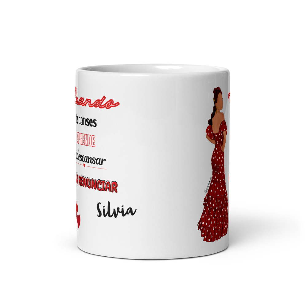 Taza de cerámica personalizable, Modelo flamenca Silvia con frase positiva.