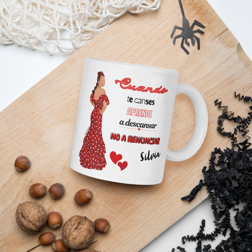 Taza de cerámica personalizable, Modelo flamenca Silvia con frase positiva.