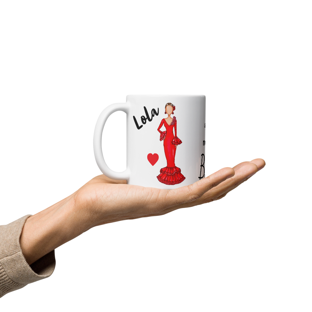 Flamenco Dancer customizable Ceramic Mug, red dress with red hearts design. - IllustrArte