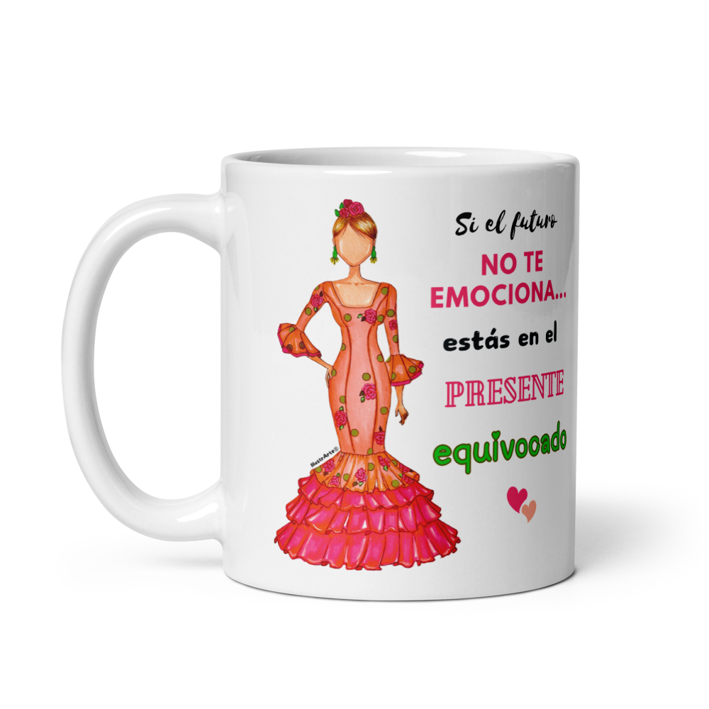 Taza de cerámica personalizable. Modelo flamenca Mónica con frase positiva.