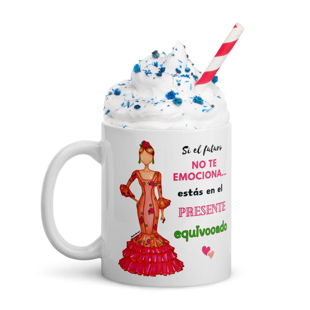 Taza de cerámica personalizable. Modelo flamenca Mónica con frase positiva.