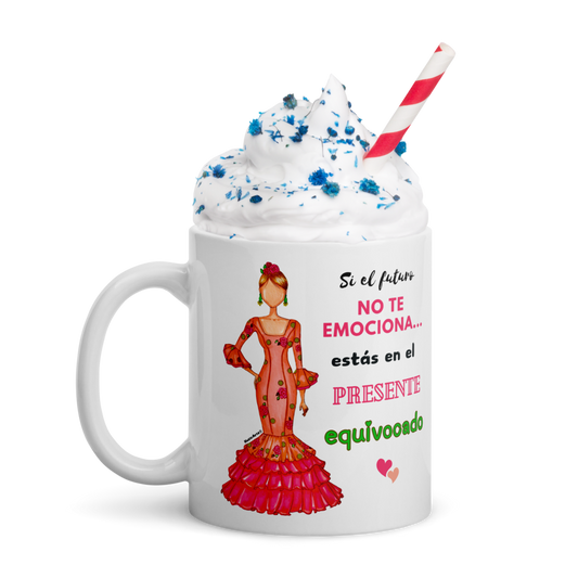 Taza de cerámica personalizable. Modelo flamenca Mónica con frase positiva.