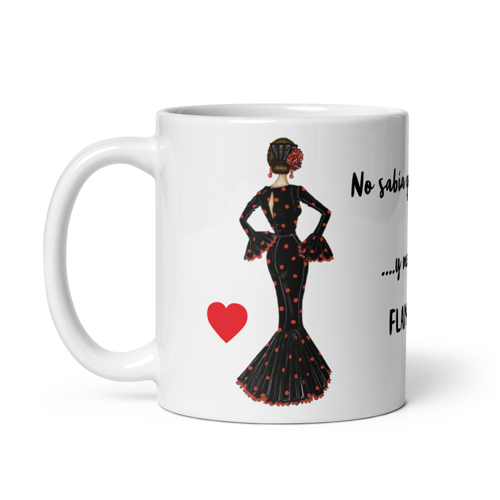 Taza de cerámica personalizable, Modelo flamenca María negro con lunar rojo