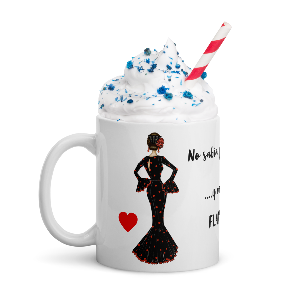 Taza de cerámica personalizable, Modelo flamenca María negro con lunar rojo