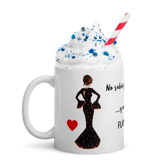 Taza de cerámica personalizable, Modelo flamenca María negro con lunar rojo