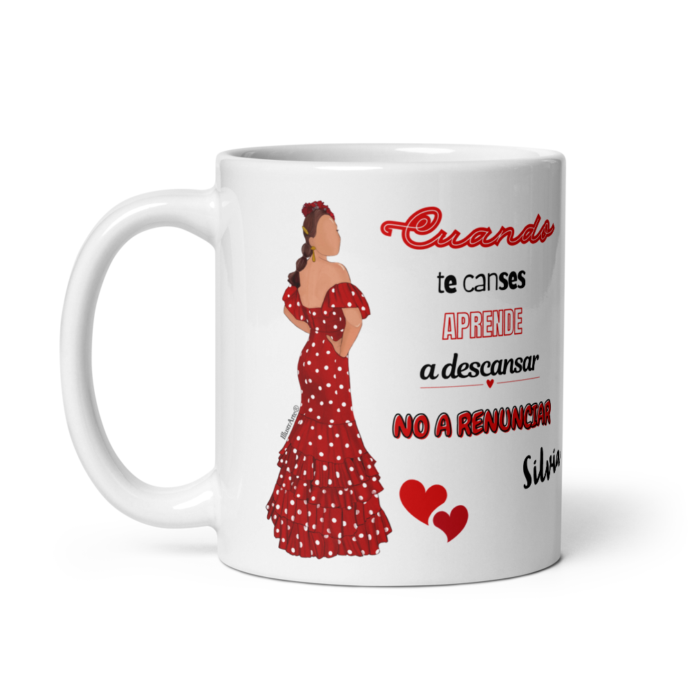 Taza de cerámica personalizable, Modelo flamenca Silvia con frase positiva.