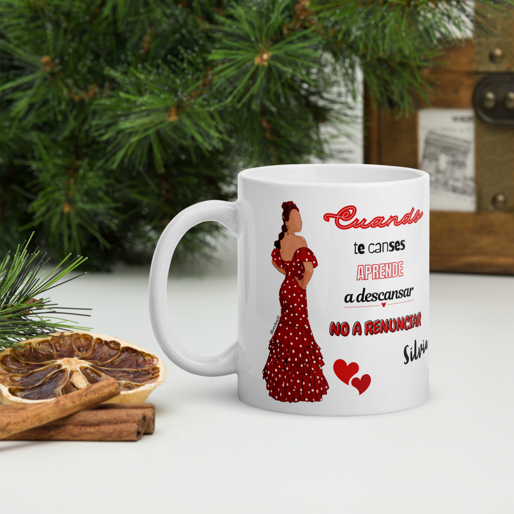 Taza de cerámica personalizable, Modelo flamenca Silvia con frase positiva.