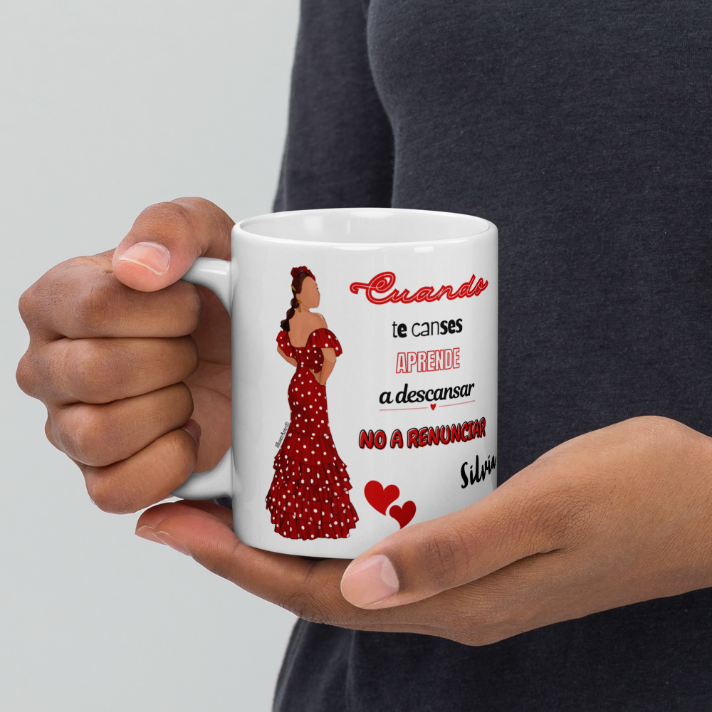 Taza de cerámica personalizable, Modelo flamenca Silvia con frase positiva.