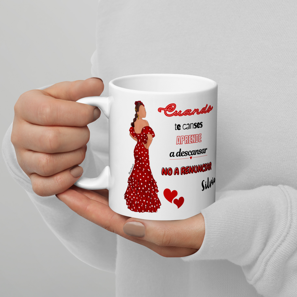 Taza de cerámica personalizable, Modelo flamenca Silvia con frase positiva.