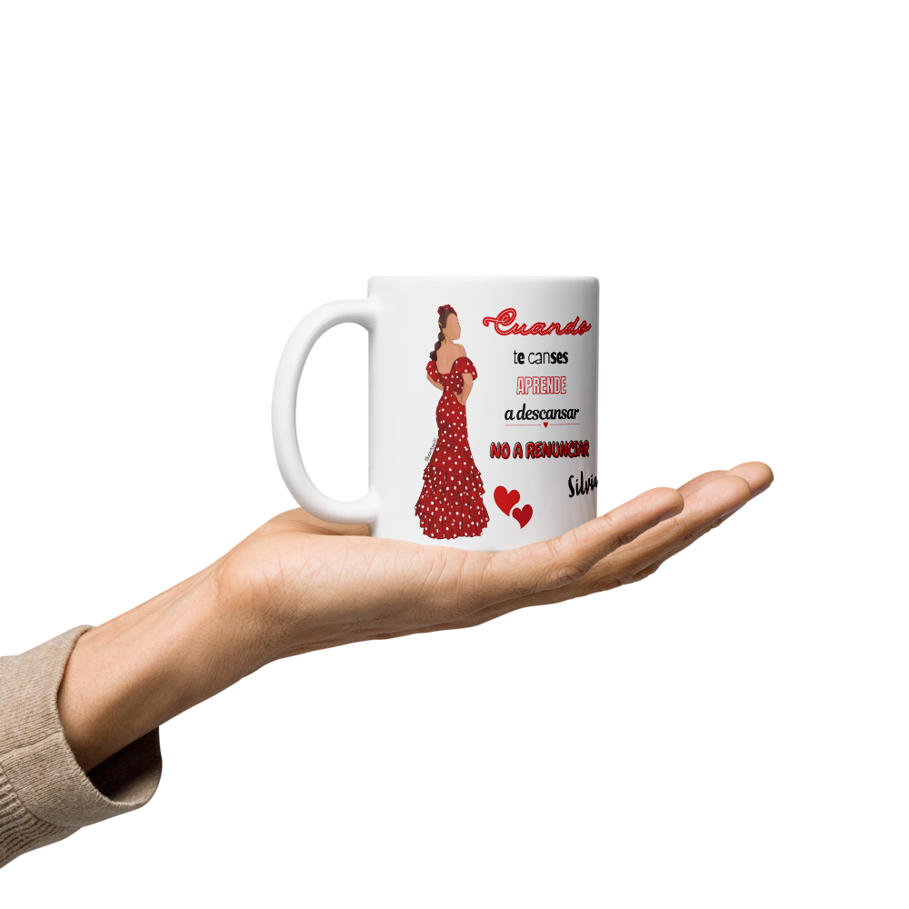 Taza de cerámica personalizable, Modelo flamenca Silvia con frase positiva.