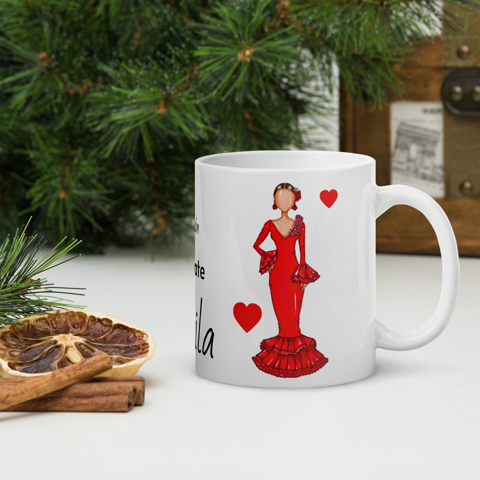 Flamenco Dancer Ceramic Mug, red dress with red hearts design. - IllustrArte