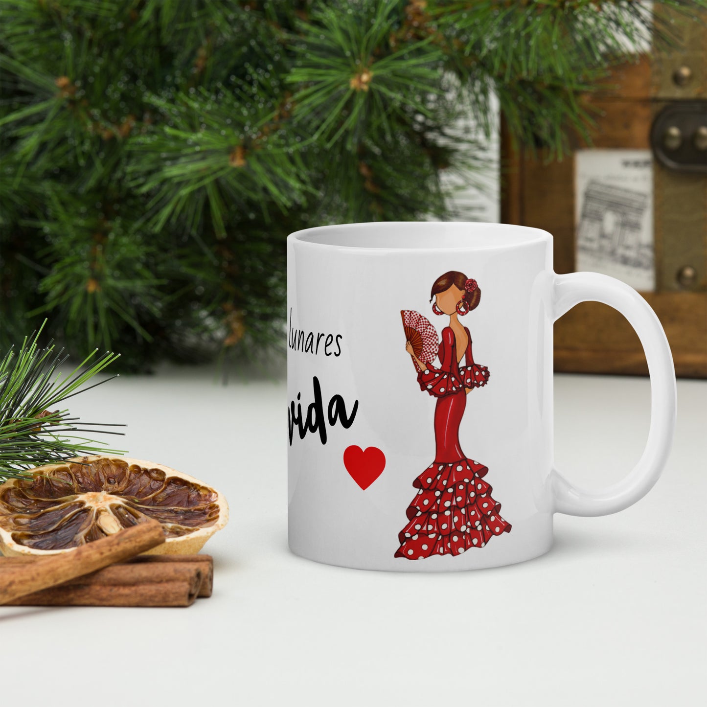 Flamenco Dancer Ceramic Mug, red dress with red hand fand design. - IllustrArte