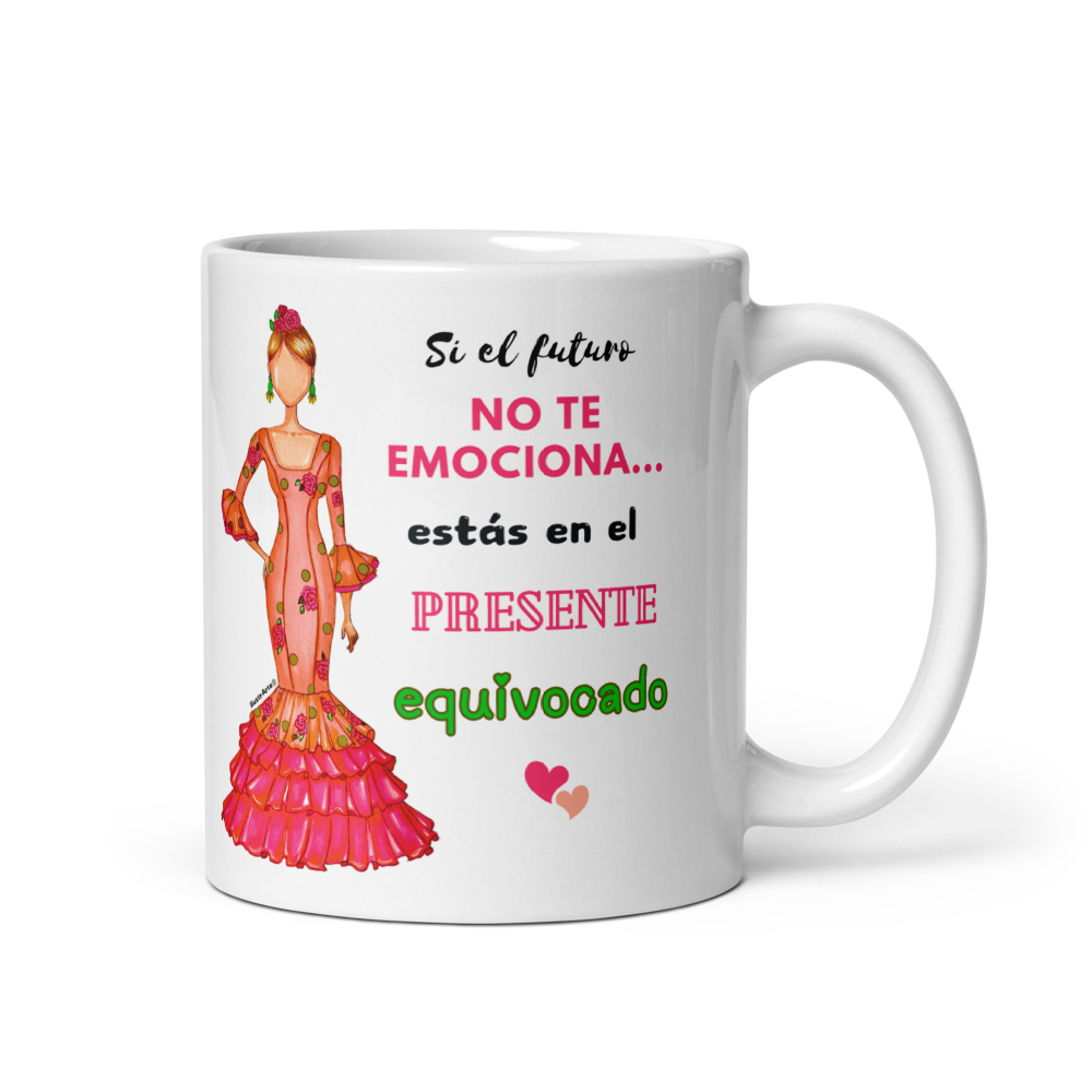 Taza de cerámica personalizable. Modelo flamenca Mónica con frase positiva.