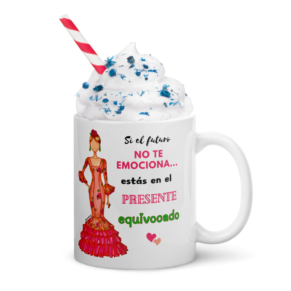 Taza de cerámica personalizable. Modelo flamenca Mónica con frase positiva.