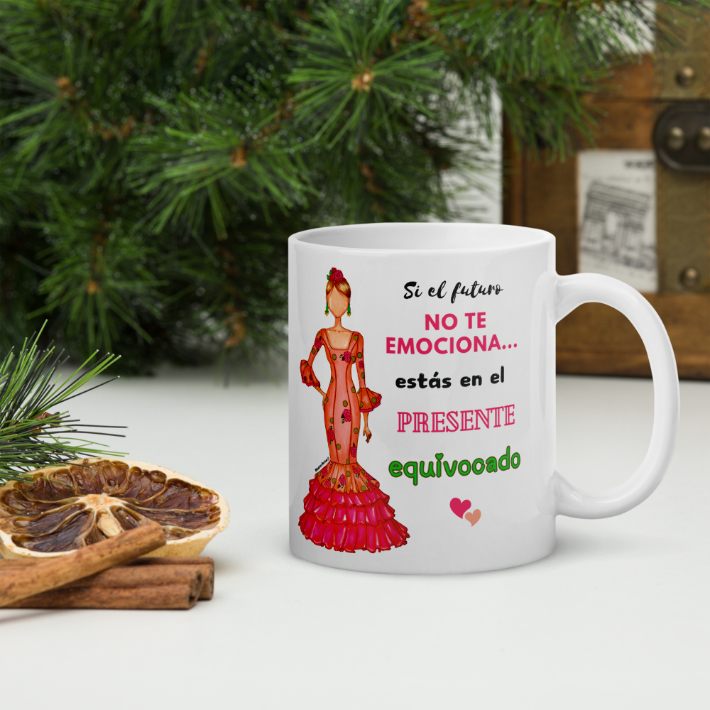 Taza de cerámica personalizable. Modelo flamenca Mónica con frase positiva.