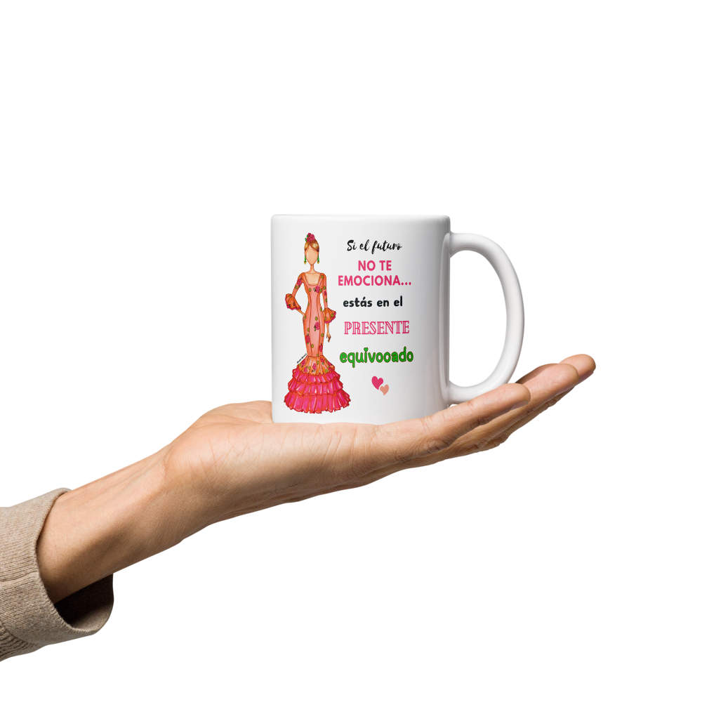 Taza de cerámica personalizable. Modelo flamenca Mónica con frase positiva.