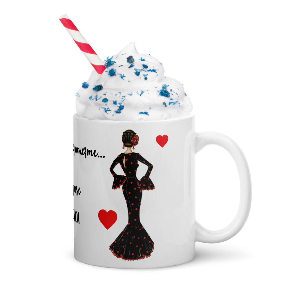 Taza de cerámica personalizable, Modelo flamenca María negro con lunar rojo