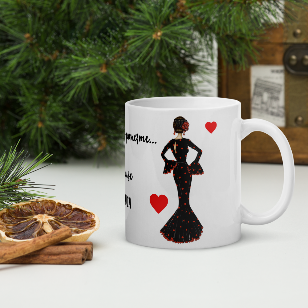 Taza de cerámica personalizable, Modelo flamenca María negro con lunar rojo