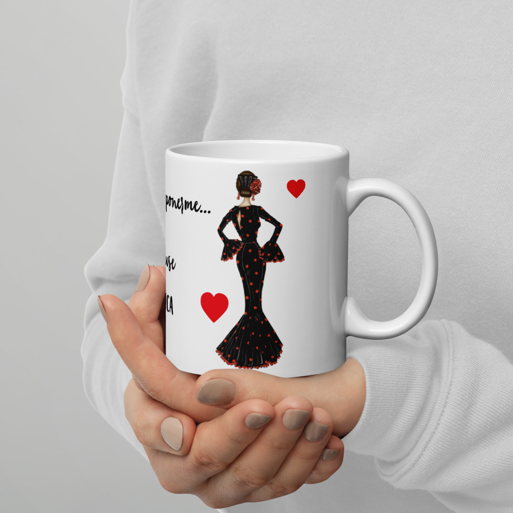 Taza de cerámica personalizable, Modelo flamenca María negro con lunar rojo