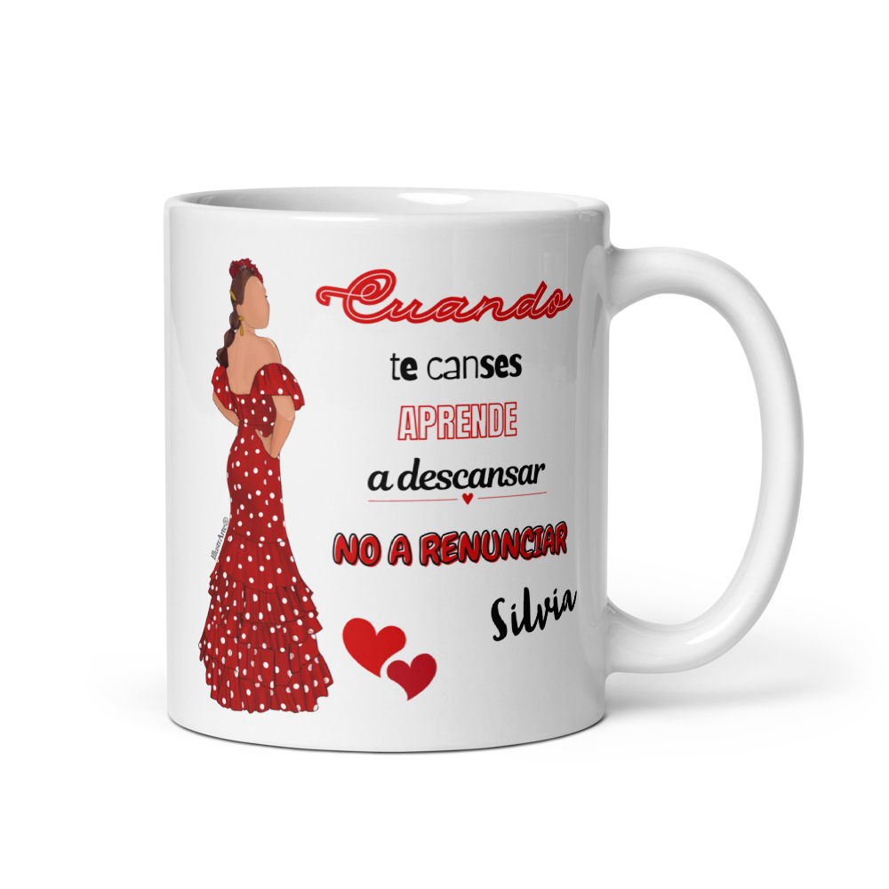 Taza de cerámica personalizable, Modelo flamenca Silvia con frase positiva.