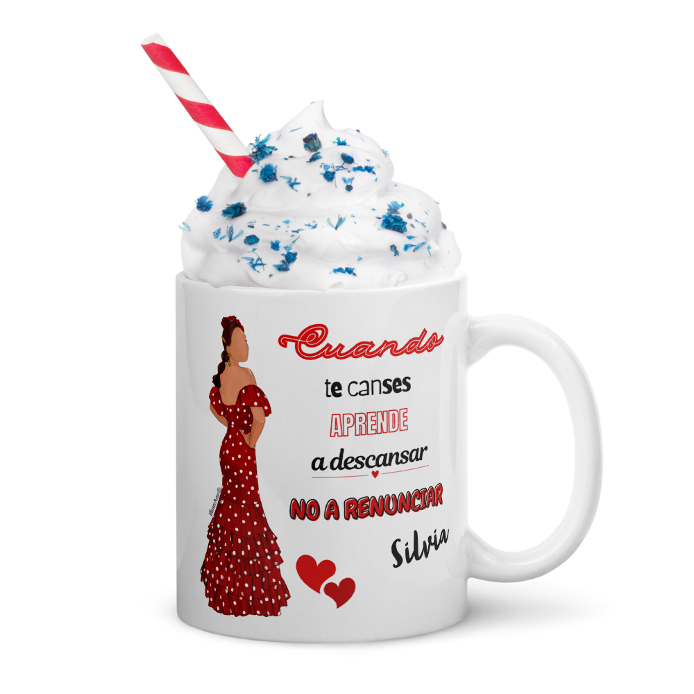 Taza de cerámica personalizable, Modelo flamenca Silvia con frase positiva.