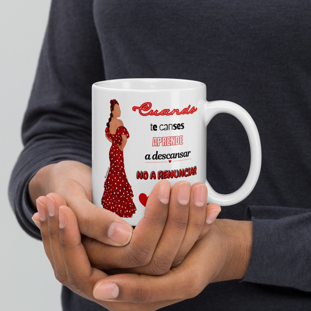 Taza de cerámica personalizable, Modelo flamenca Silvia con frase positiva.