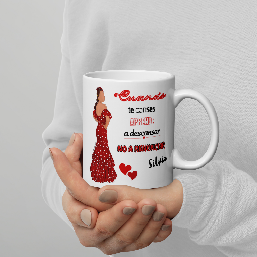 Taza de cerámica personalizable, Modelo flamenca Silvia con frase positiva.