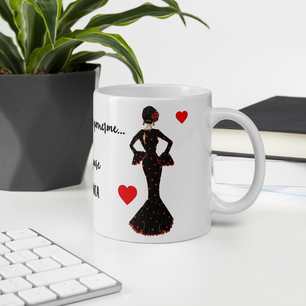 Flamenco Dancer customizable Ceramic Mug , black dress with red hearts design. - IllustrArte