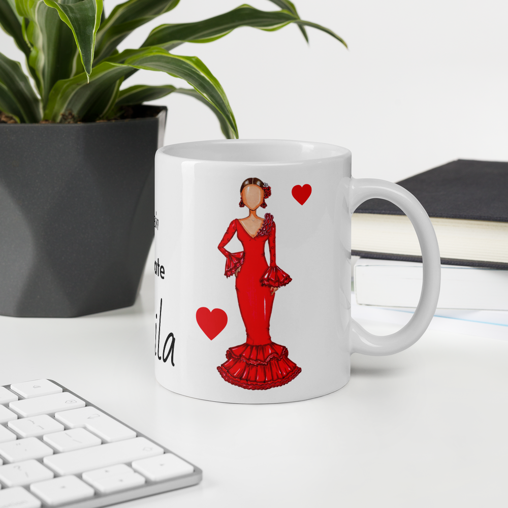 Flamenco Dancer customizable Ceramic Mug, red dress with red hearts design. - IllustrArte