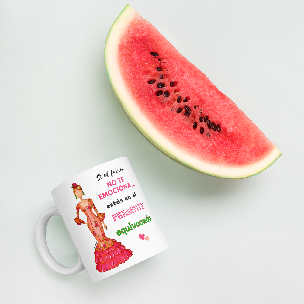 Taza de cerámica personalizable. Modelo flamenca Mónica con frase positiva.