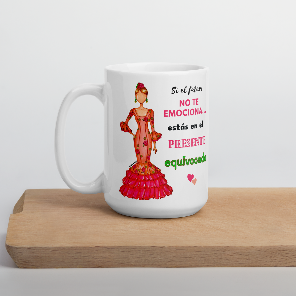 Taza de cerámica personalizable. Modelo flamenca Mónica con frase positiva.