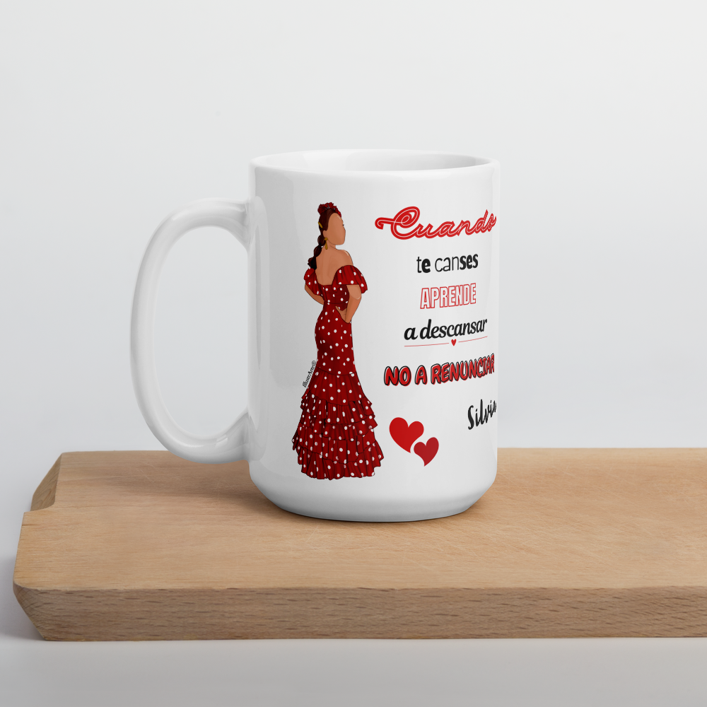 Taza de cerámica personalizable, Modelo flamenca Silvia con frase positiva.