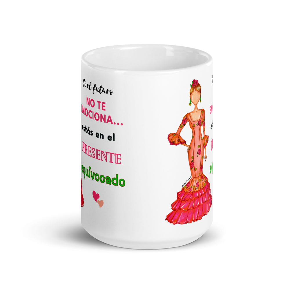 Taza de cerámica personalizable. Modelo flamenca Mónica con frase positiva.