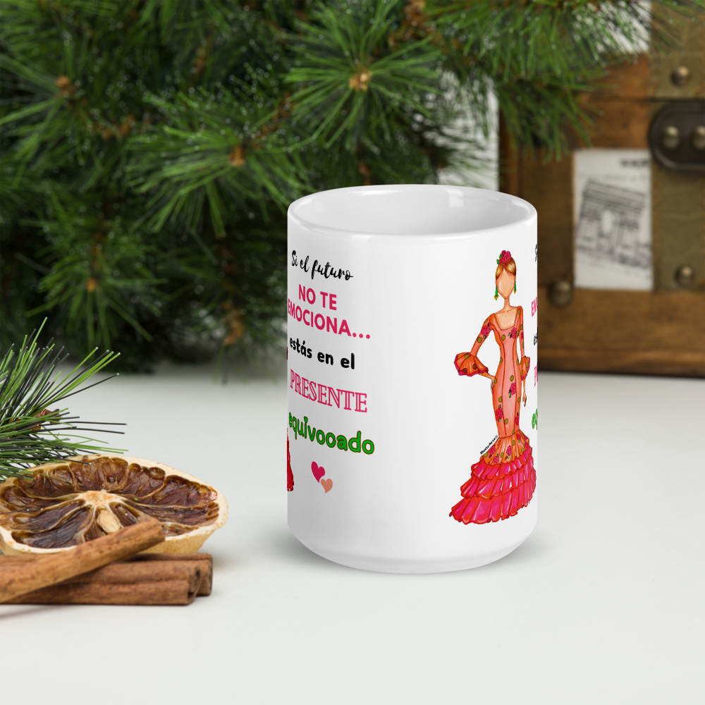 Taza de cerámica personalizable. Modelo flamenca Mónica con frase positiva.