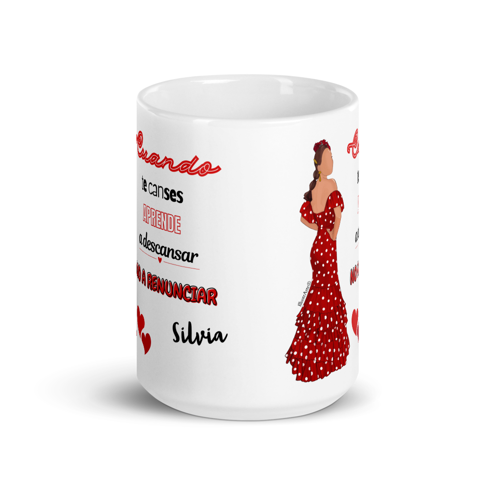 Taza de cerámica personalizable, Modelo flamenca Silvia con frase positiva.