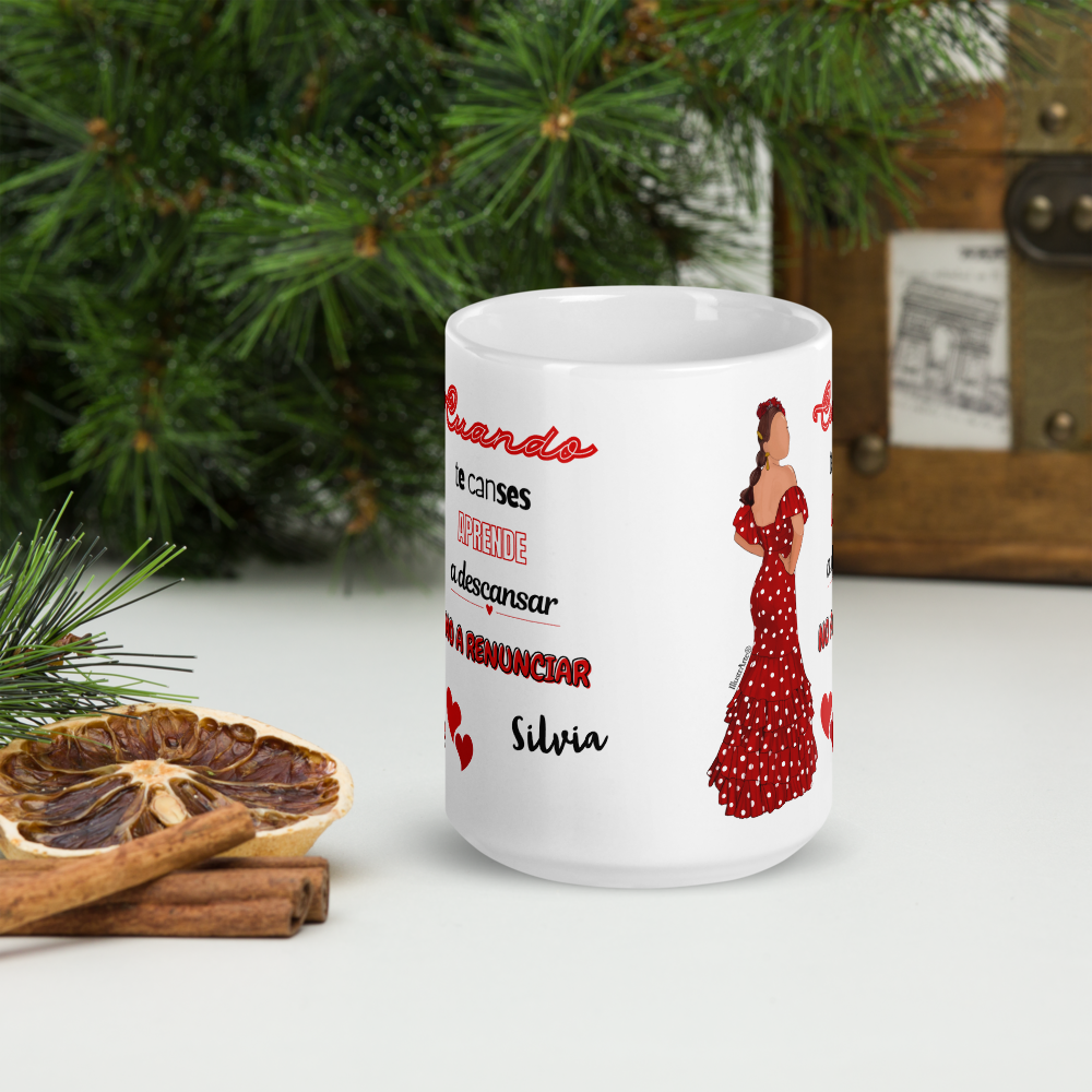 Taza de cerámica personalizable, Modelo flamenca Silvia con frase positiva.