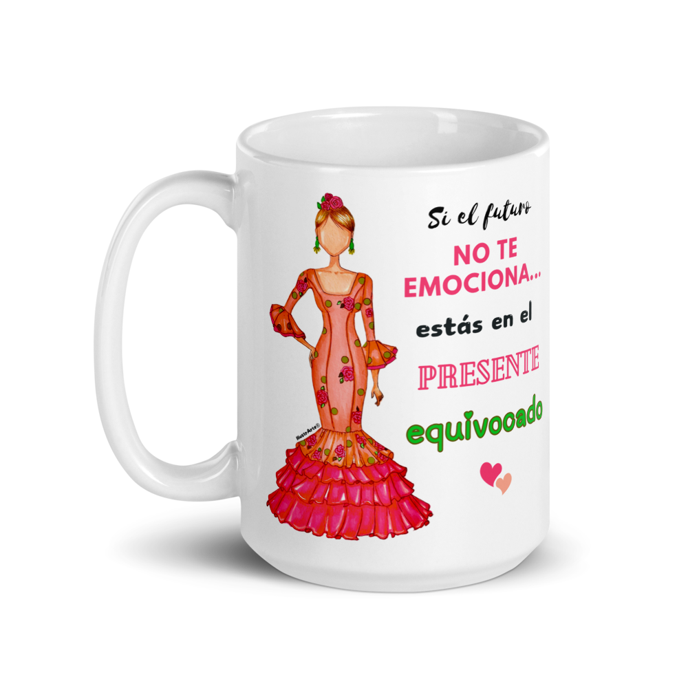 Taza de cerámica personalizable. Modelo flamenca Mónica con frase positiva.