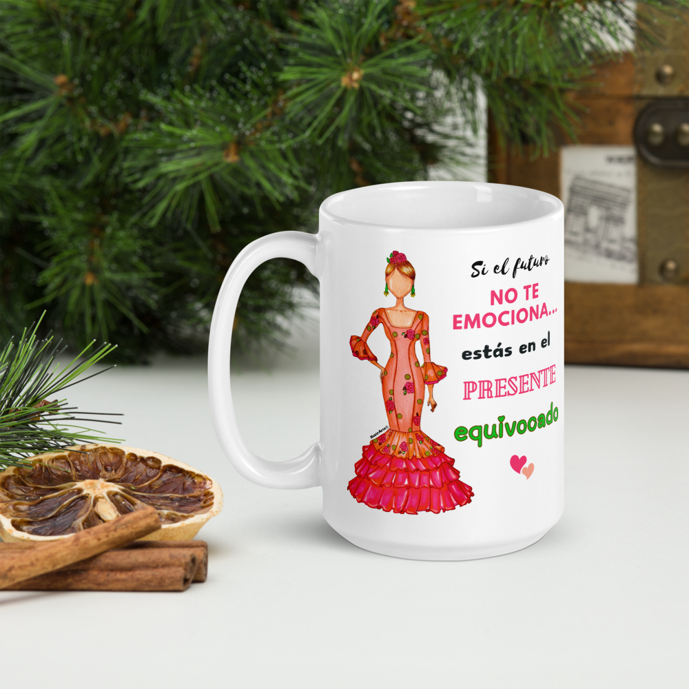 Taza de cerámica personalizable. Modelo flamenca Mónica con frase positiva.