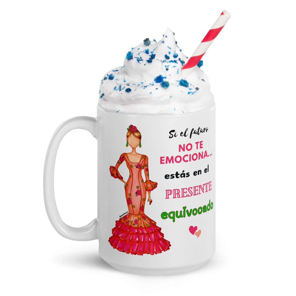 Taza de cerámica personalizable. Modelo flamenca Mónica con frase positiva.