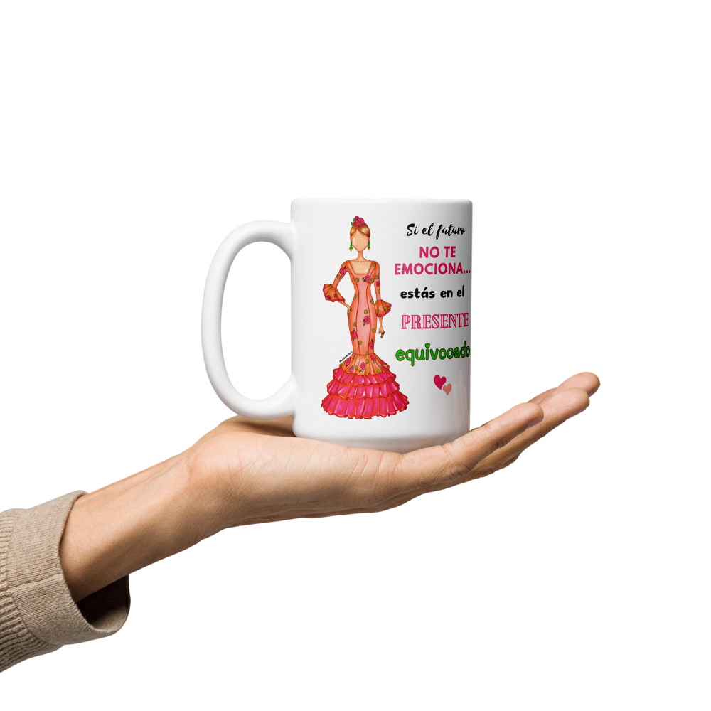 Taza de cerámica personalizable. Modelo flamenca Mónica con frase positiva.