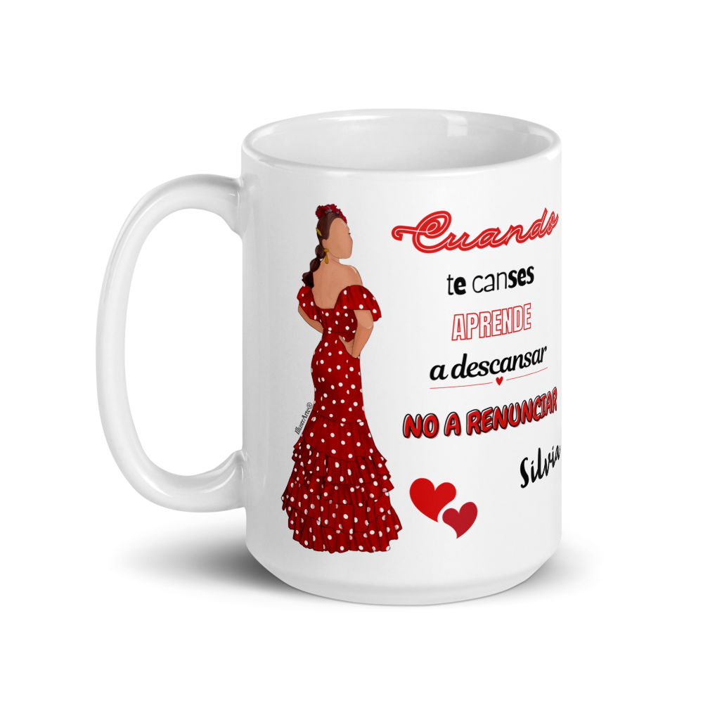 Taza de cerámica personalizable, Modelo flamenca Silvia con frase positiva.