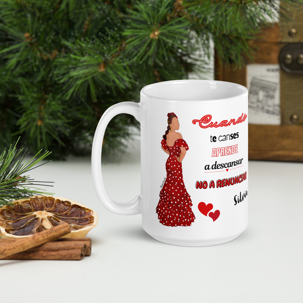 Taza de cerámica personalizable, Modelo flamenca Silvia con frase positiva.