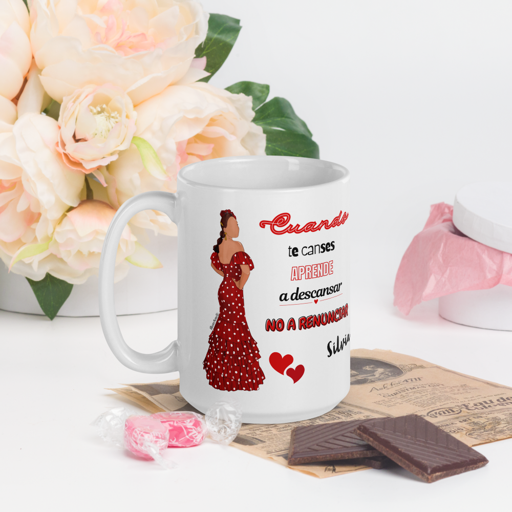 Taza de cerámica personalizable, Modelo flamenca Silvia con frase positiva.