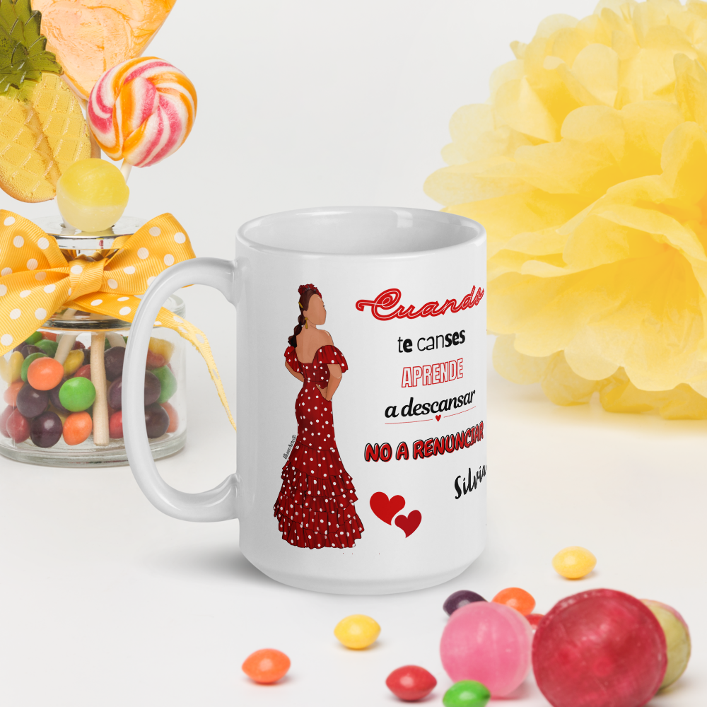 Taza de cerámica personalizable, Modelo flamenca Silvia con frase positiva.