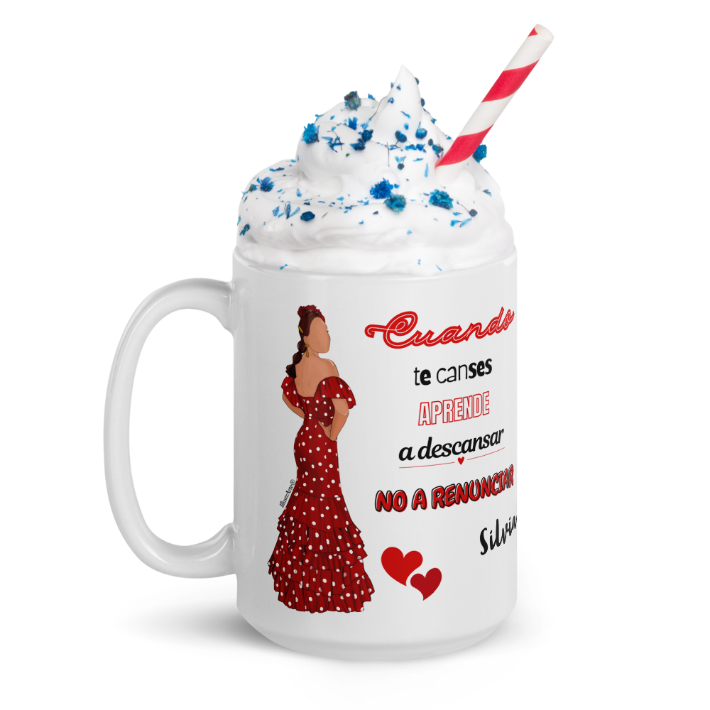 Taza de cerámica personalizable, Modelo flamenca Silvia con frase positiva.