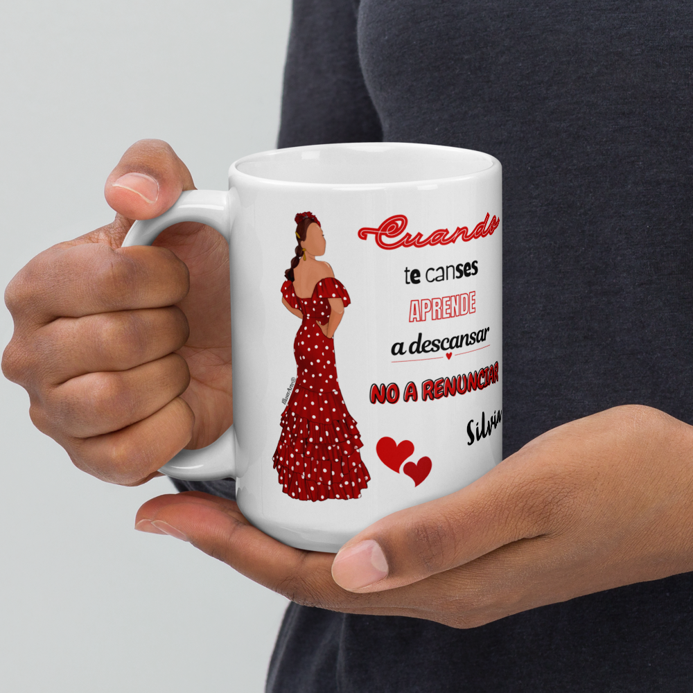 Taza de cerámica personalizable, Modelo flamenca Silvia con frase positiva.